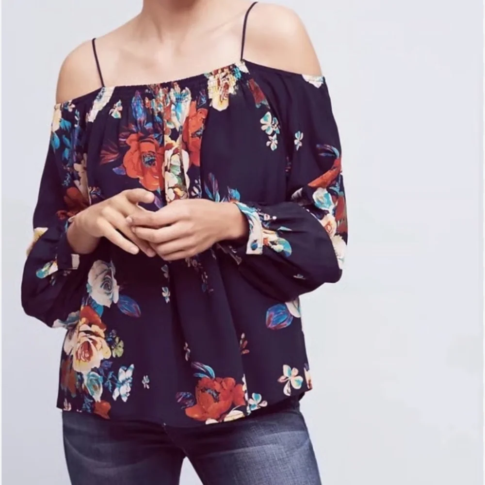 Anthropologie Maeve Blue Tallie Open Shoulder Silk Blouse xs - Picture 1 of 9
